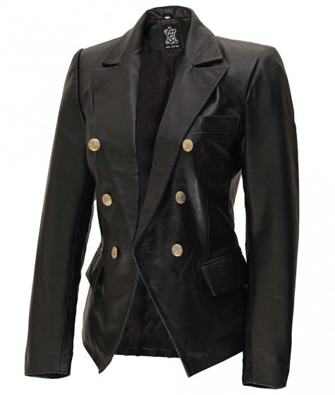 Women Black Coat Double Breasted Leather