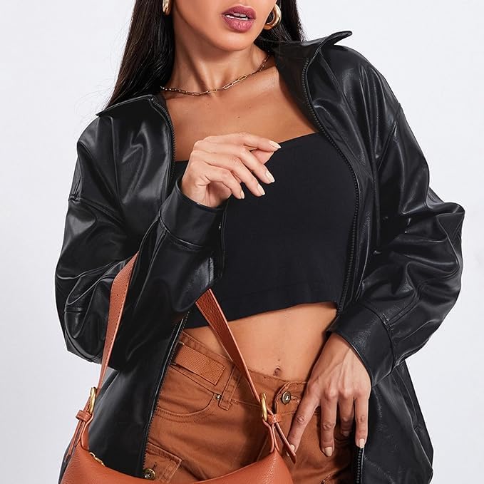 Vintage Oversized Leather Jacket with Zip-Up Detail - Women's Fall Fashion 2024