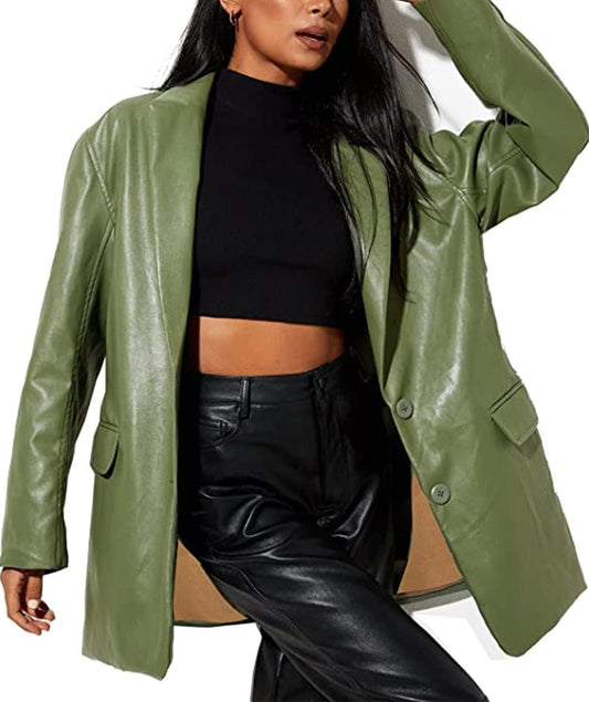 Women's Green Leather Jacket Oversized Leather Blazer Button Down Lapel Coat Vintage Streetwear