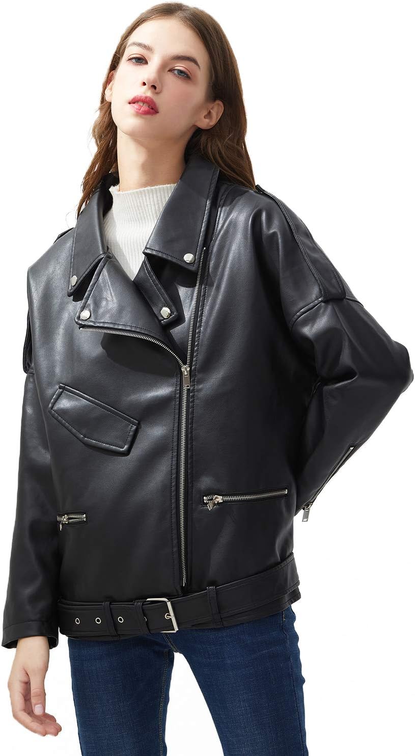 Black Leather Jackets Oversize Zipper Casual Coat Turn-down Collar Women's Motor Biker Jacket with Belt