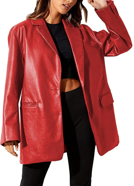 Women's Red Oversized Leather Jacket Blazer Button Down Lapel Coat Vintage Streetwear