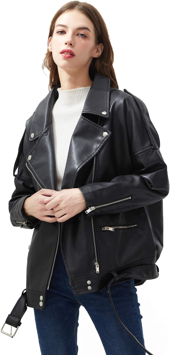 Black Leather Jackets Oversize Zipper Casual Coat Turn-down Collar Women's Motor Biker Jacket with Belt