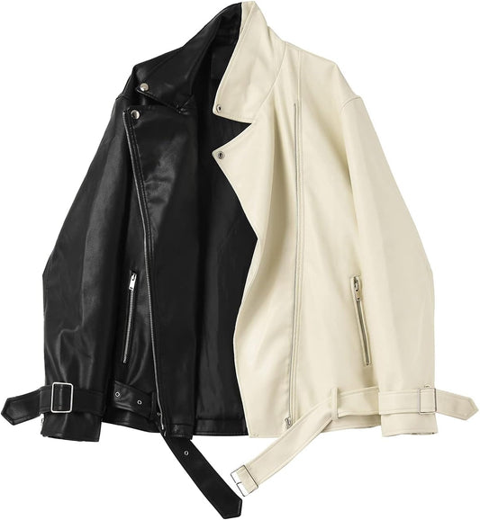 Women's Stylish Blackbeige Motor Biker Jacket Oversized Zipper Casual Coat with Belt and Turn-Down Collar