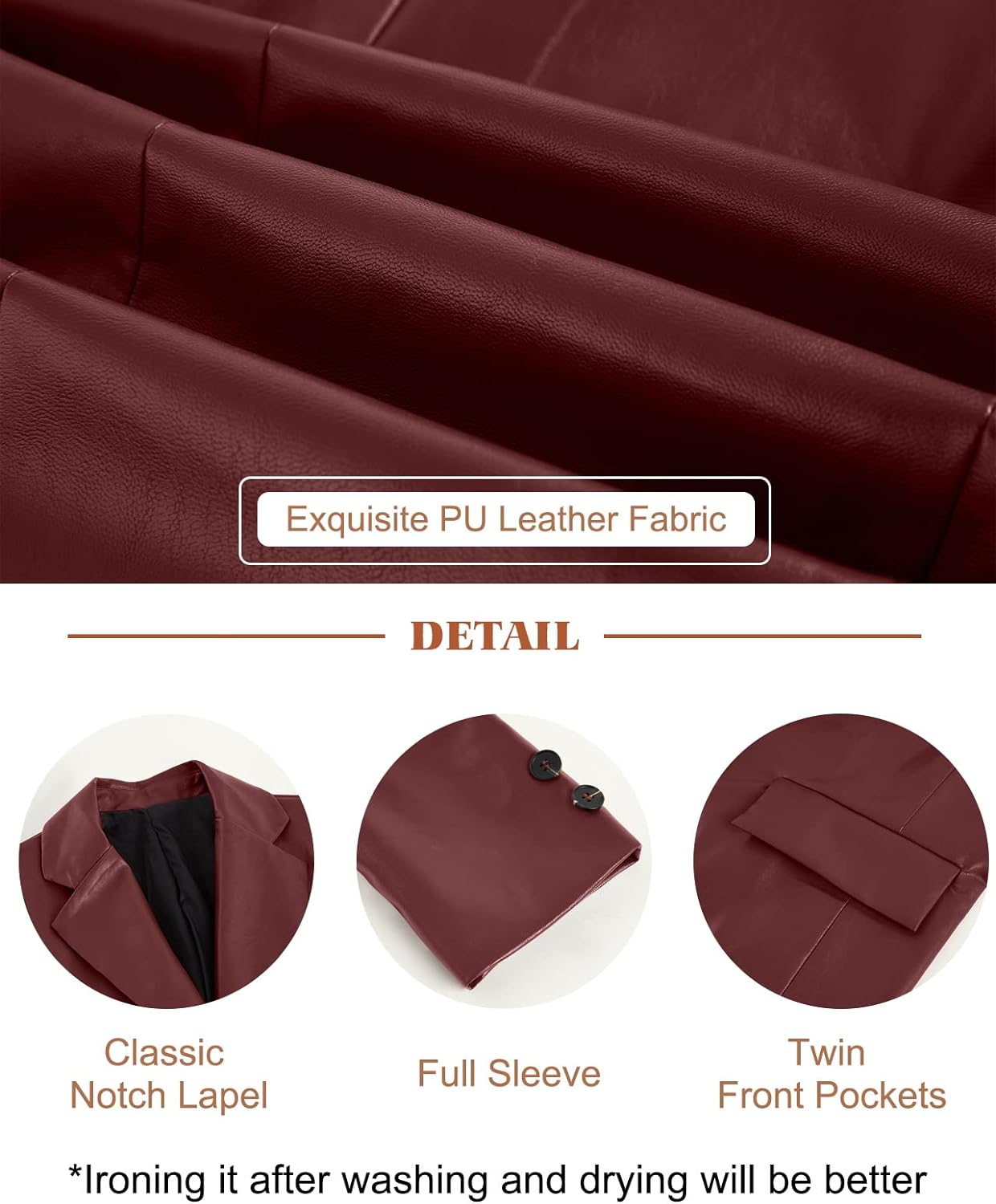 Women's Burgundy Oversized Leather Jacket Stylish Long Sleeve Blazer with Lapel Button Down Pockets