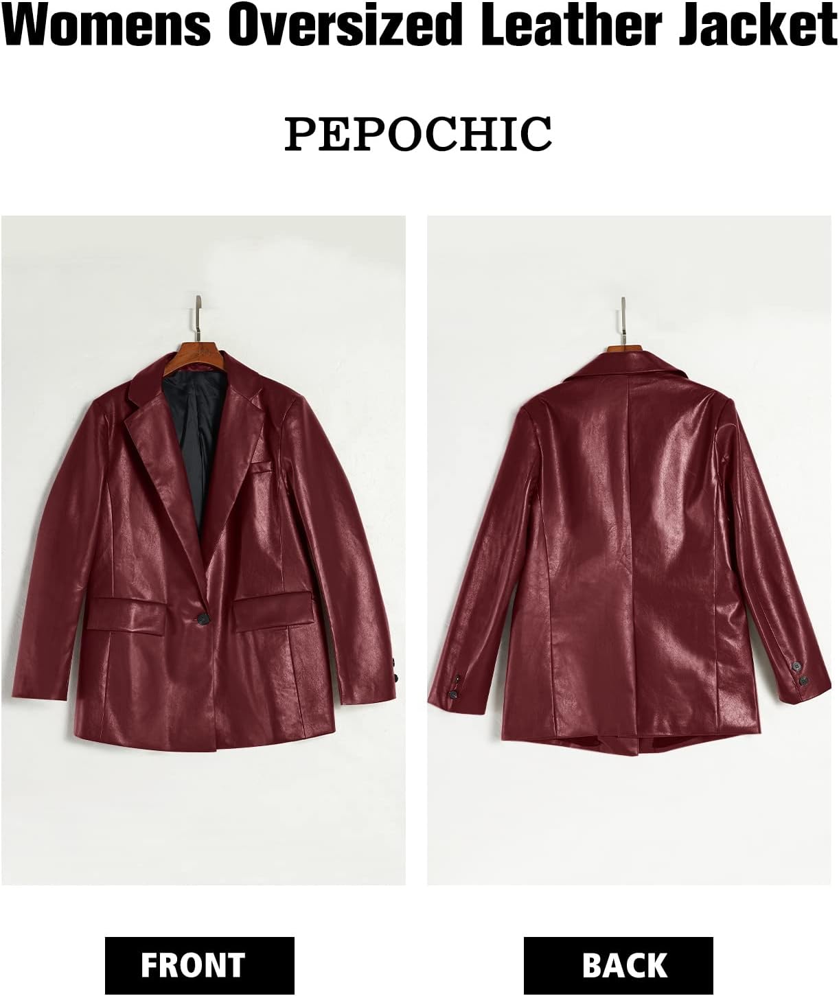 Women's Burgundy Oversized Leather Jacket Stylish Long Sleeve Blazer with Lapel Button Down Pockets