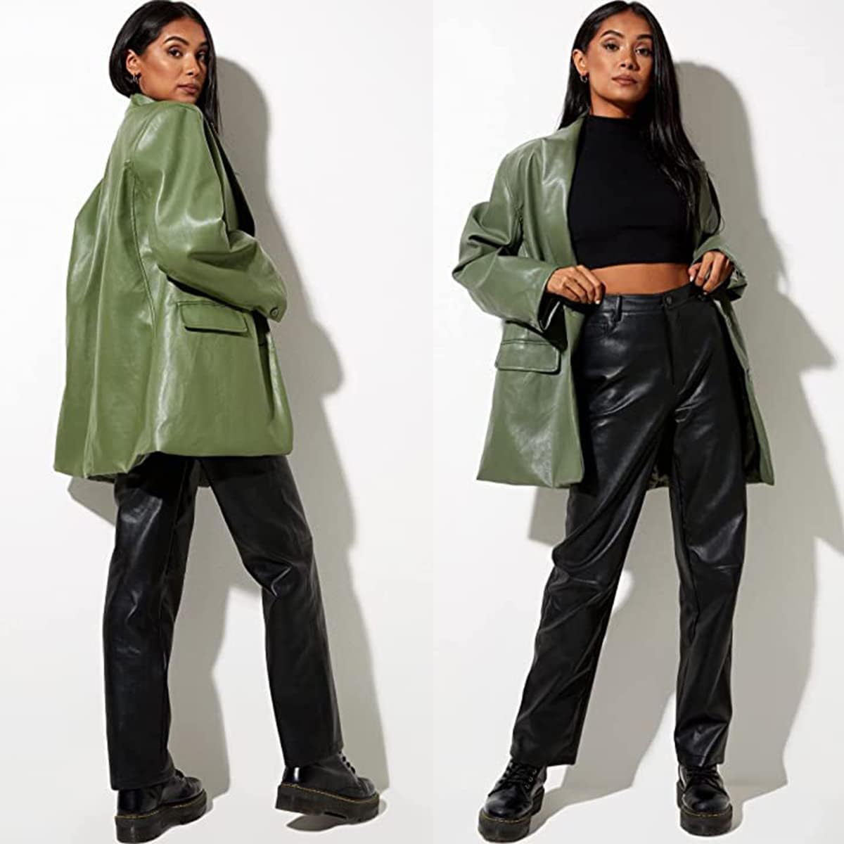 Women's Green Leather Jacket Oversized Leather Blazer Button Down Lapel Coat Vintage Streetwear