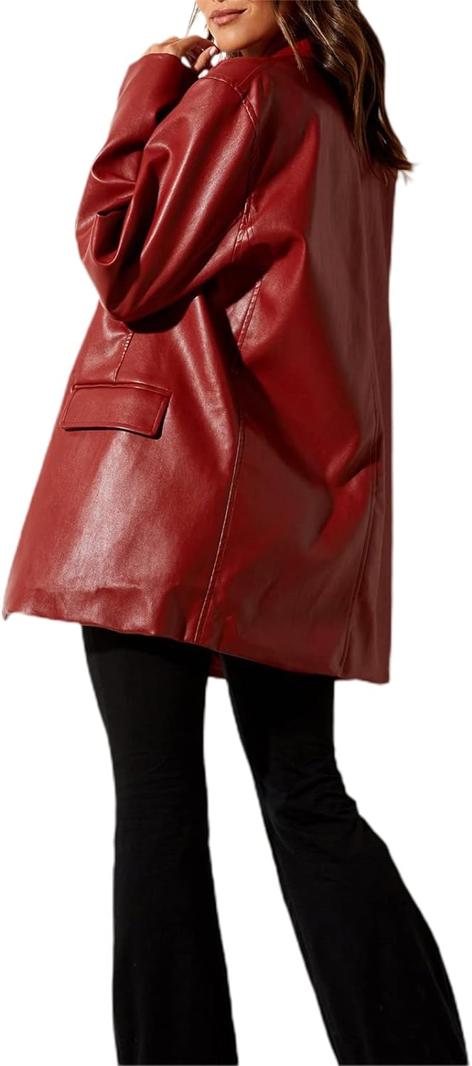 Women's Red Leather Coat Oversized Lapel Button-Front Blazer Jacket