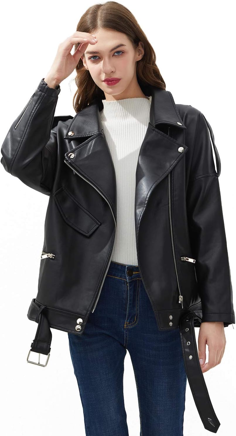 Black Leather Jackets Oversize Zipper Casual Coat Turn-down Collar Women's Motor Biker Jacket with Belt