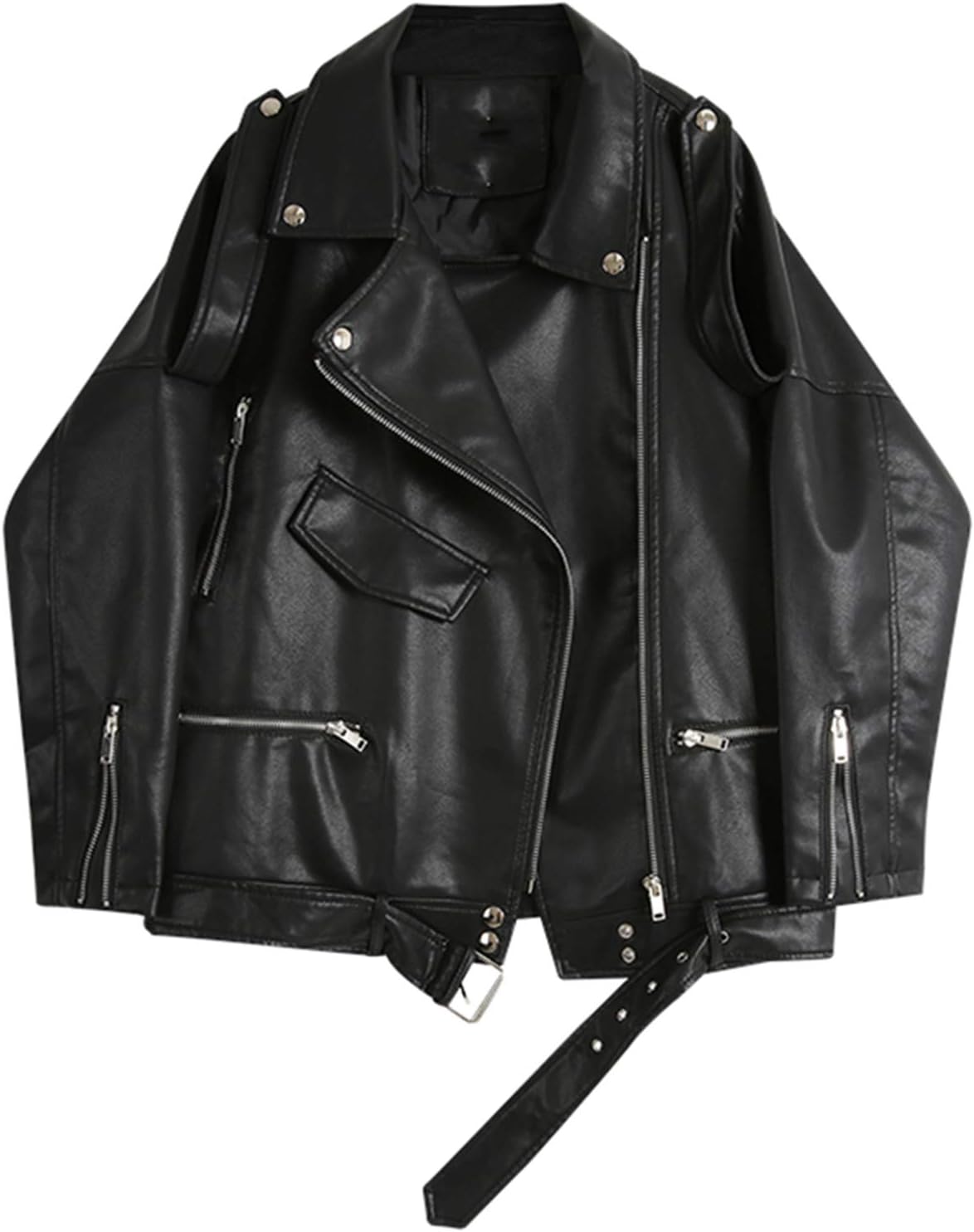 Black Leather Jackets Oversize Zipper Casual Coat Turn-down Collar Women's Motor Biker Jacket with Belt