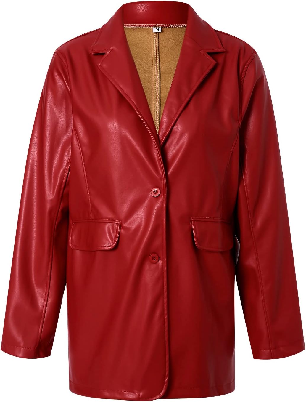 Women's Red Leather Coat Oversized Lapel Button-Front Blazer Jacket