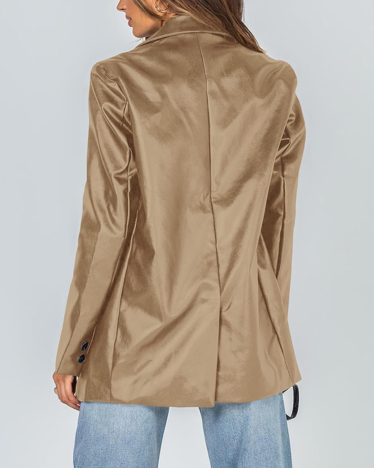 Women's Stylish Light Brown Oversized Leather Jacket with Lapel, Long Sleeves, Button Down Pockets