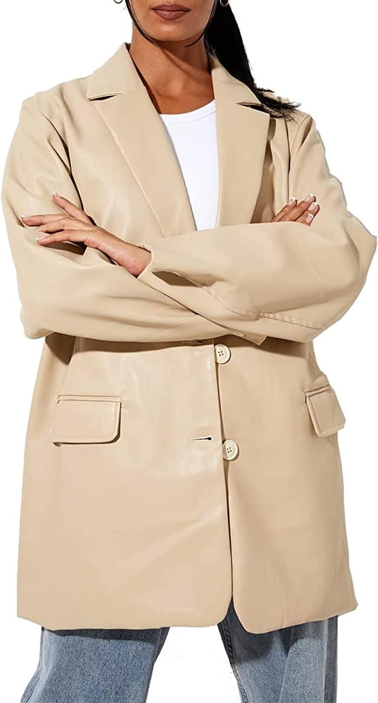 Beige Leather Jacket Oversized Blazer Button Down Lapel Coat Women's Vintage Streetwear