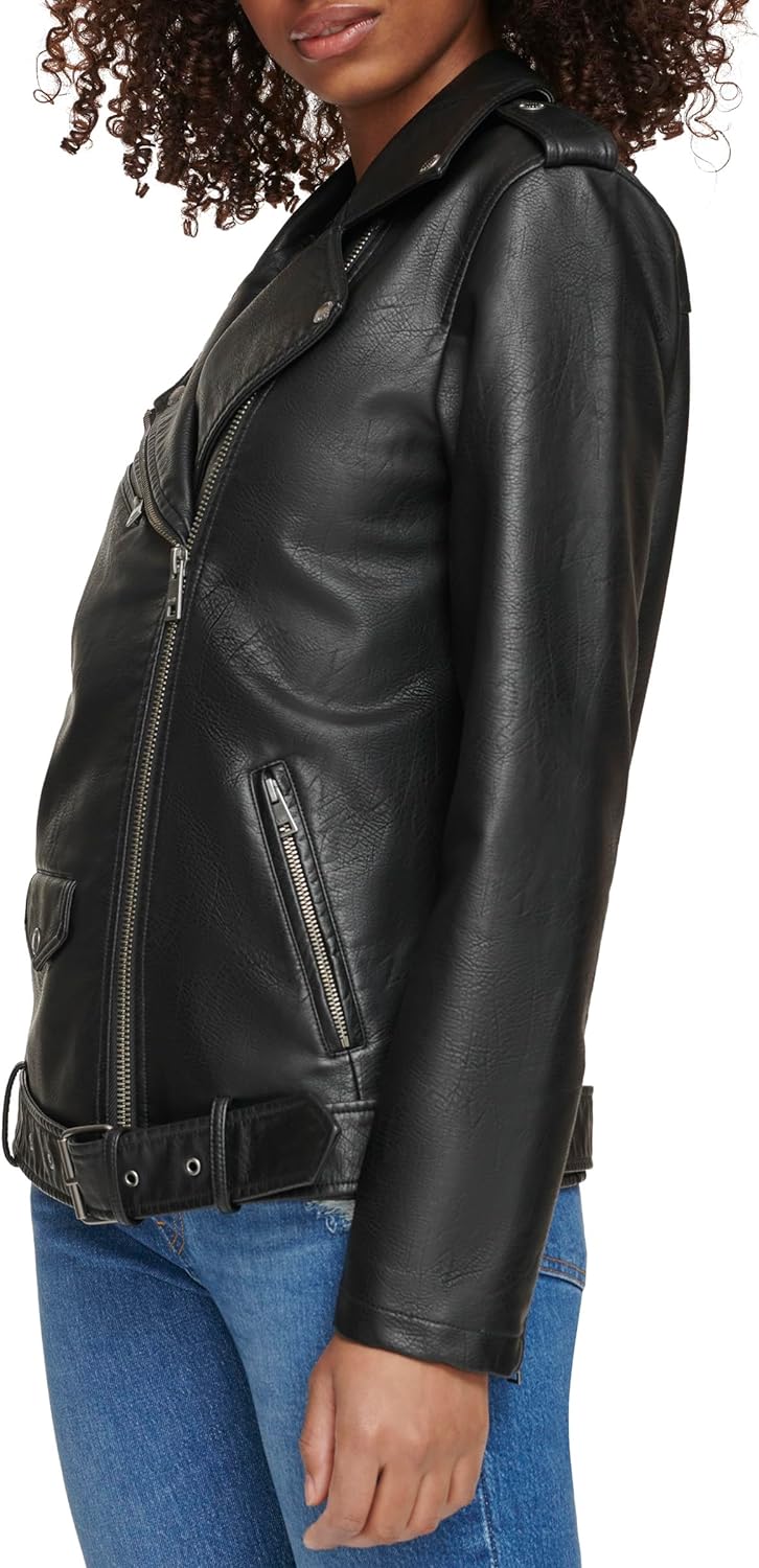 Women's Black Oversized Leather Belted Motorcycle Sprtswear Jacket