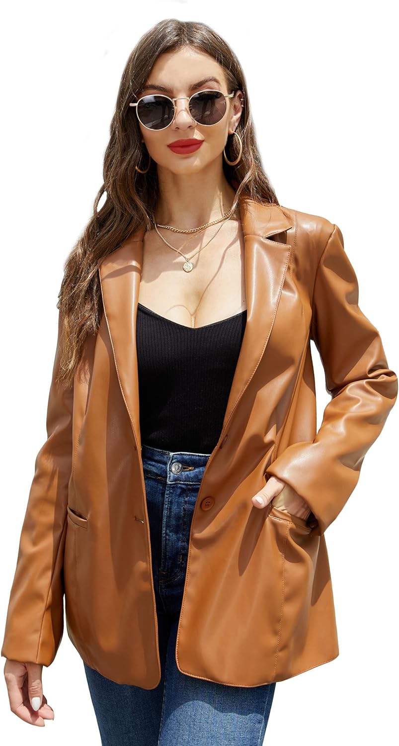 Women's Brown Leather Blazer Jacket Oversized Long Sleeve Coat Motorcycle Vegan Outerwear