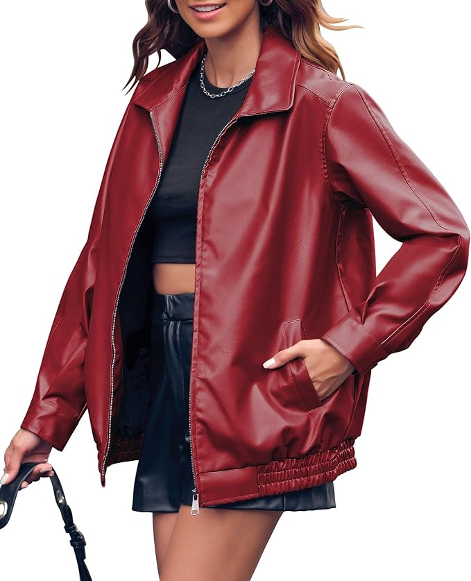 Women's Oversized Leather Jackets Dark Red Casual Zip-Up Trendy Bomber Motorcycle Jacket with Pockets