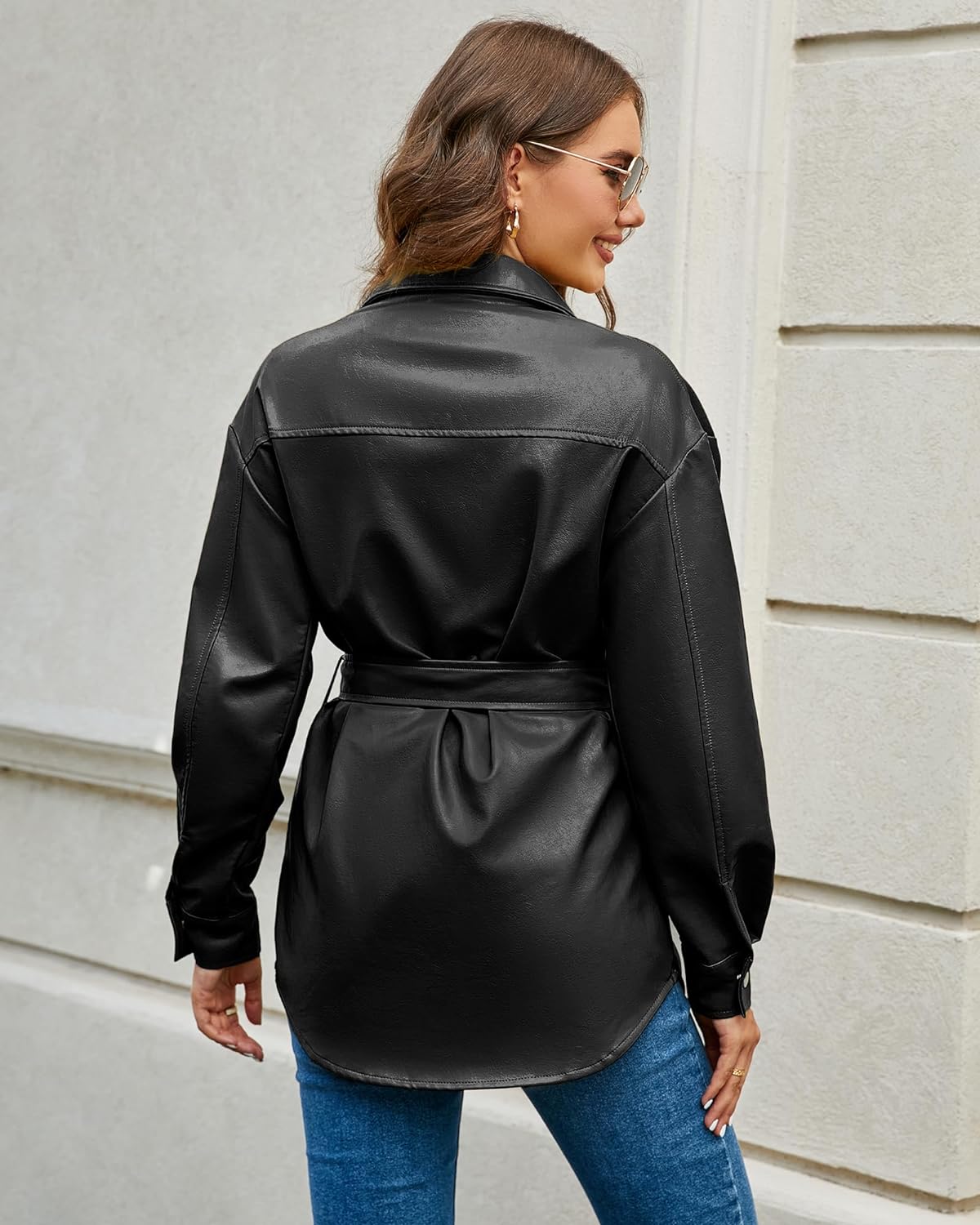 Black Leather Jackets for Women Long Sleeve Oversized Shackets with Pocket Belted Leather Jacket Moto Biker Coat