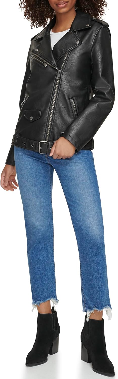 Women's Black Oversized Leather Belted Motorcycle Sprtswear Jacket