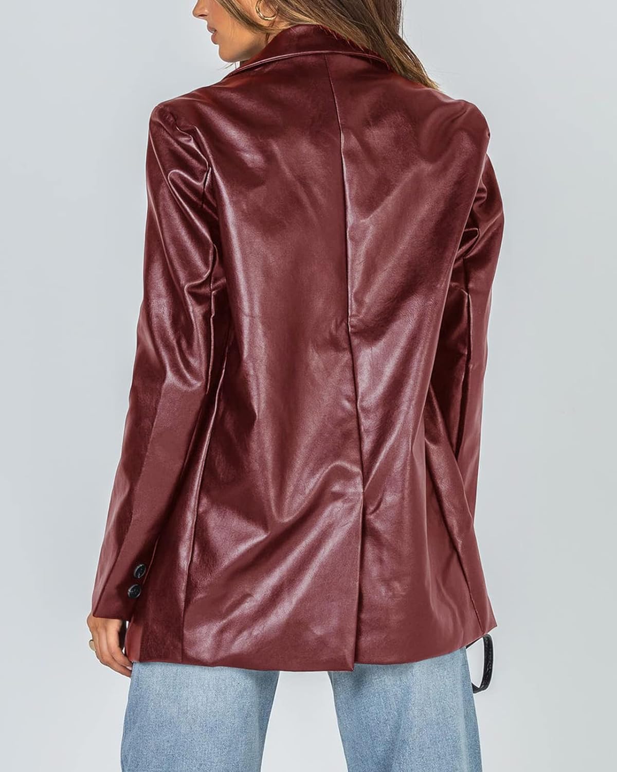 Women's Burgundy Oversized Leather Jacket Stylish Long Sleeve Blazer with Lapel Button Down Pockets