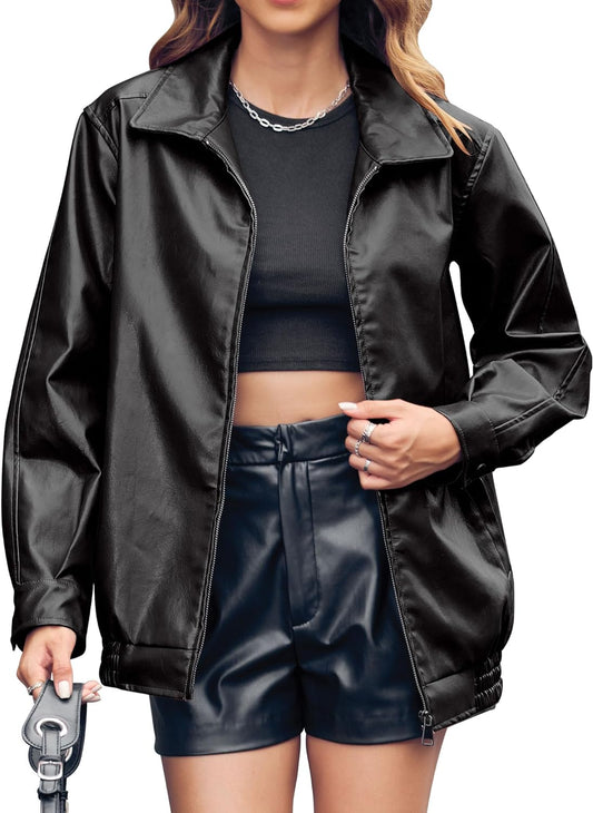 Women's Black Oversized Leather Jacket Casual Zip Up Trendy Bomber Motorcycle Jacket with Pockets