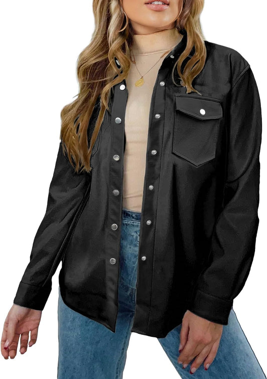 Black Leather Jackets for Women Long Sleeve Oversized Shackets with Pocket Belted Leather Jacket Moto Biker Coat