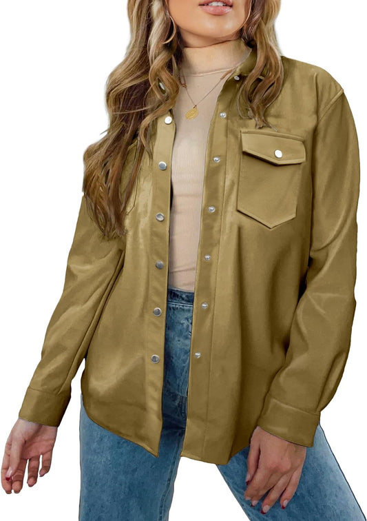 Khaki Leather Jackets for Women Long Sleeve Oversized Shackets with Pocket Belted Leather Jacket Moto Biker Coat