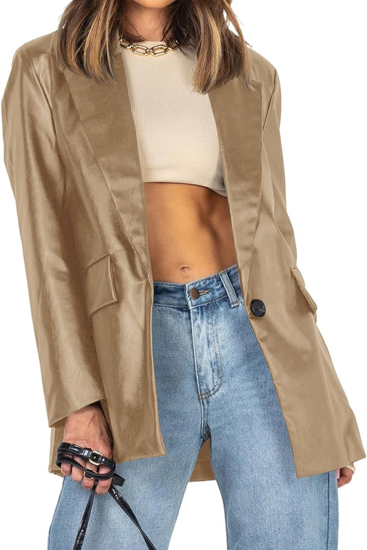 Women's Stylish Light Brown Oversized Leather Jacket with Lapel, Long Sleeves, Button Down Pockets