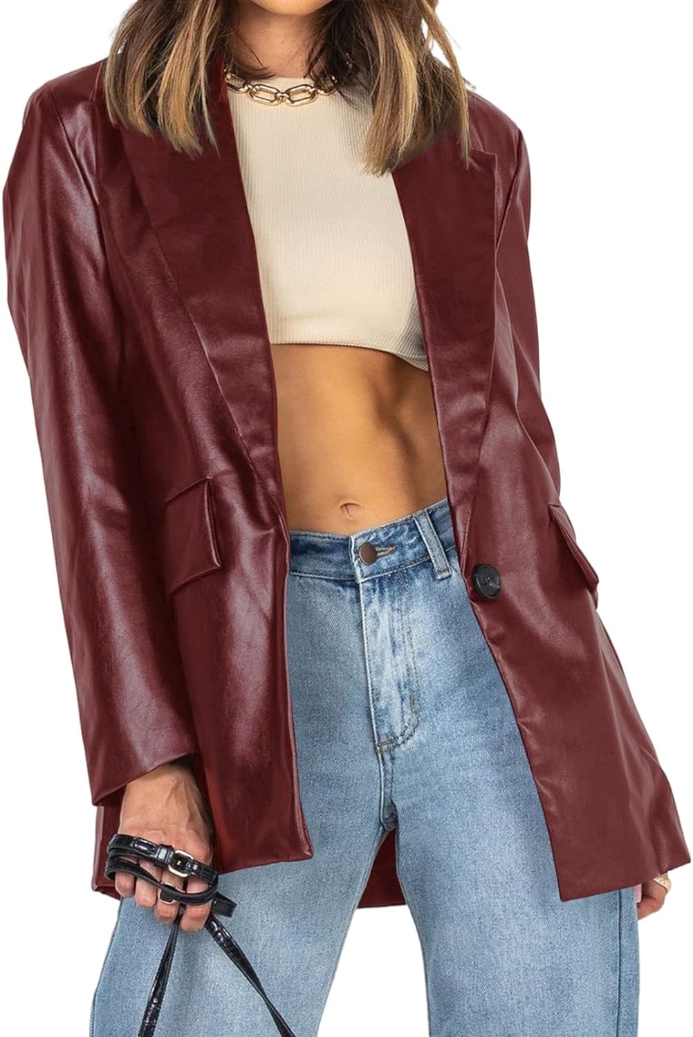 Women's Burgundy Oversized Leather Jacket Stylish Long Sleeve Blazer with Lapel Button Down Pockets