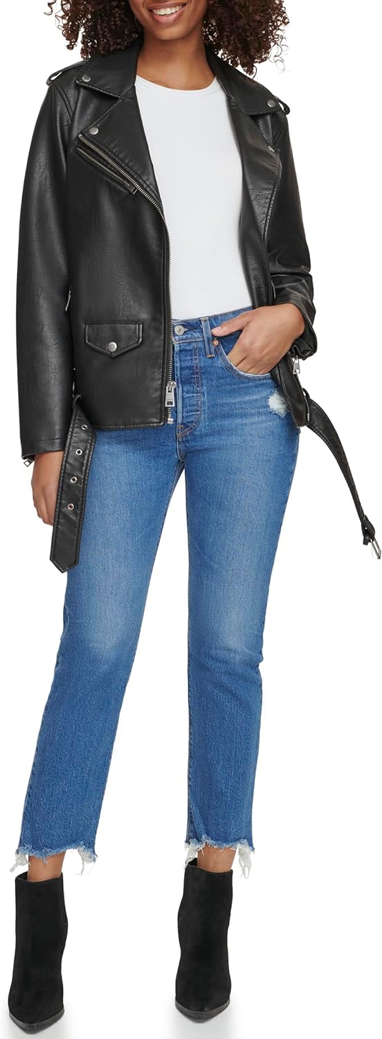 Women's Black Oversized Leather Belted Motorcycle Sprtswear Jacket