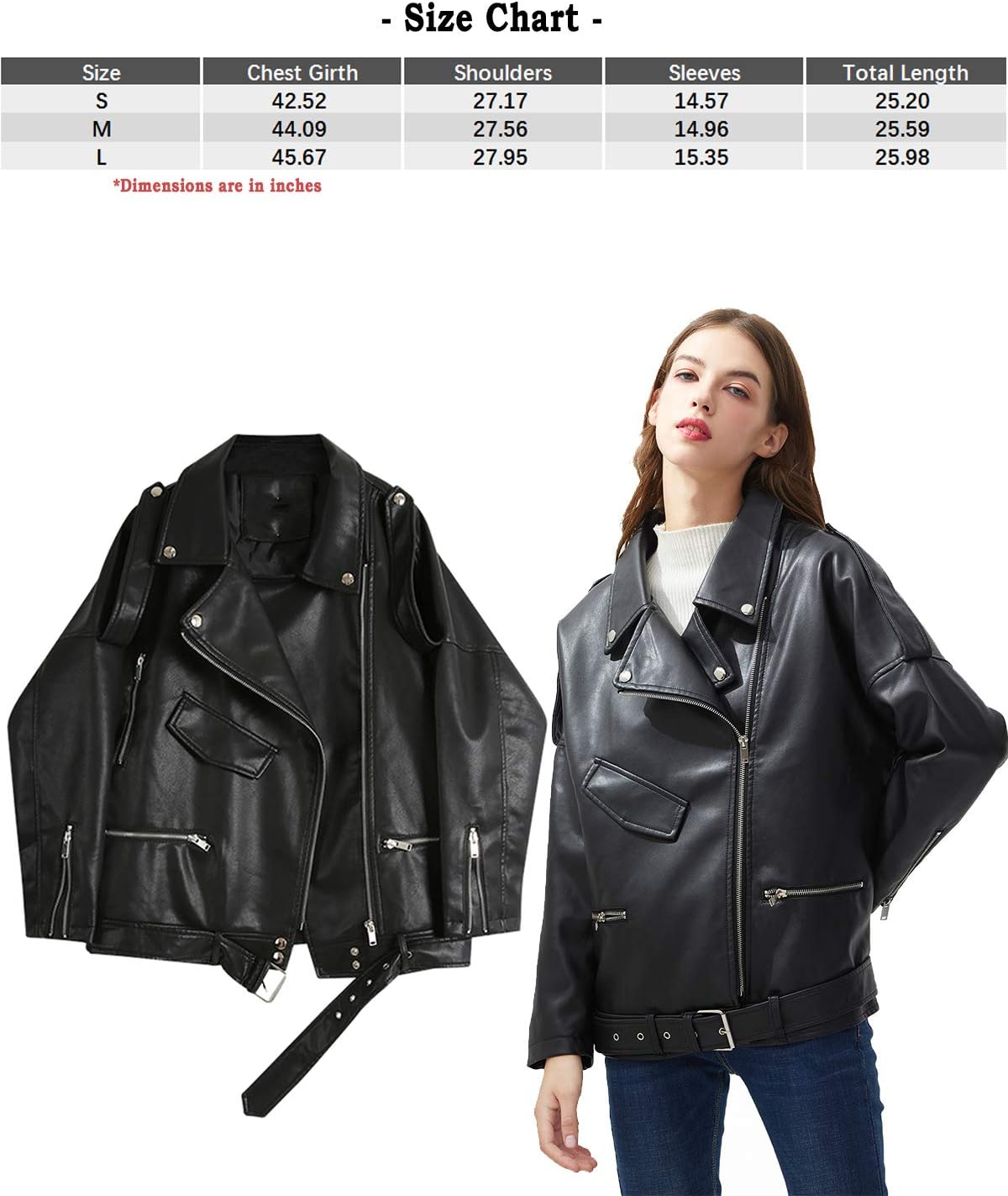 Black Leather Jackets Oversize Zipper Casual Coat Turn-down Collar Women's Motor Biker Jacket with Belt