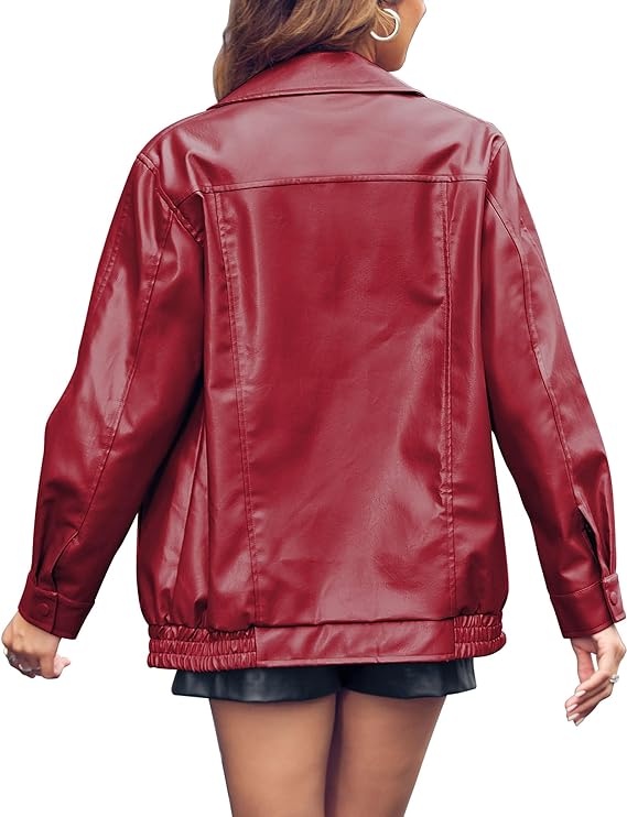 Women's Oversized Leather Jackets Dark Red Casual Zip-Up Trendy Bomber Motorcycle Jacket with Pockets