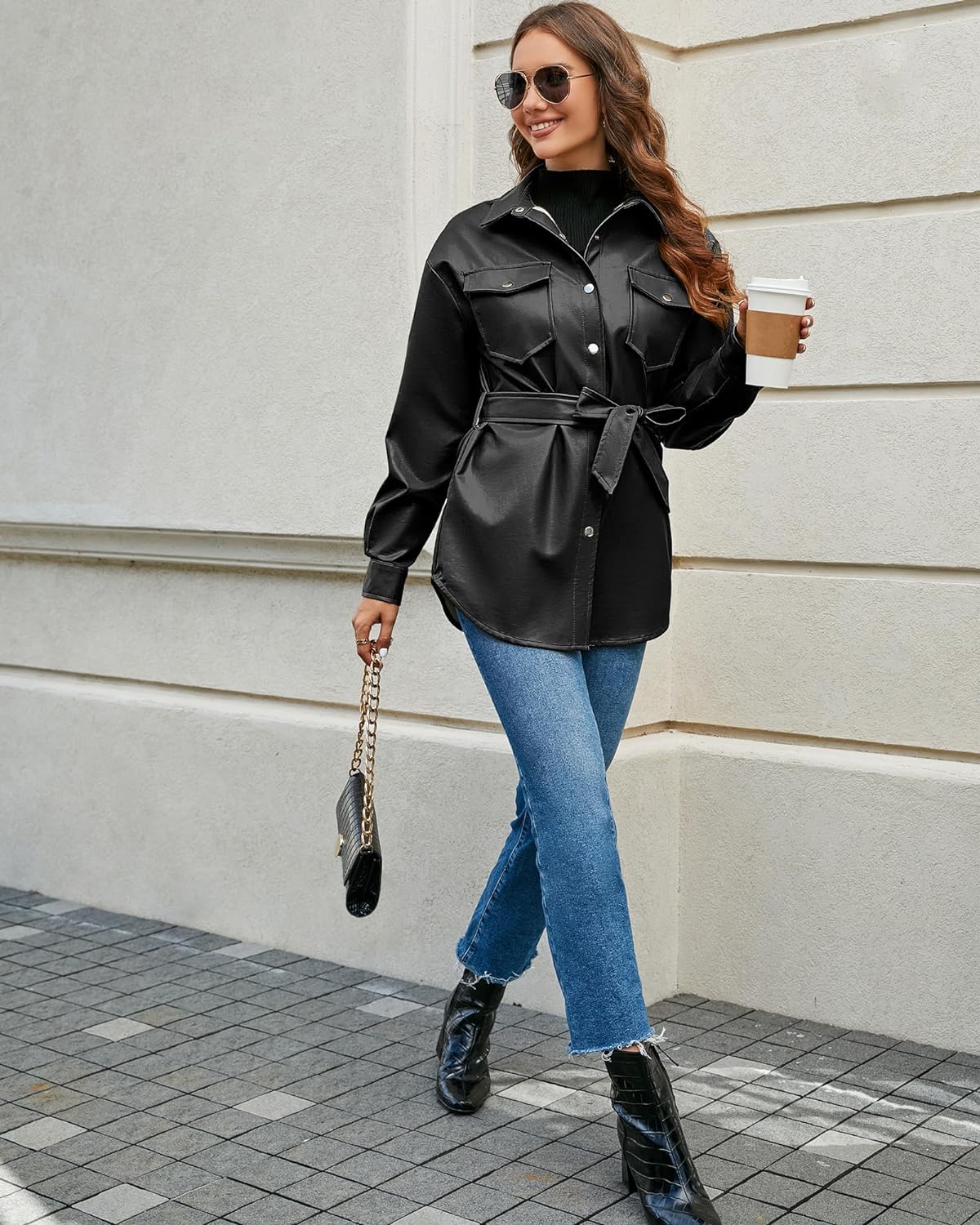 Black Leather Jackets for Women Long Sleeve Oversized Shackets with Pocket Belted Leather Jacket Moto Biker Coat