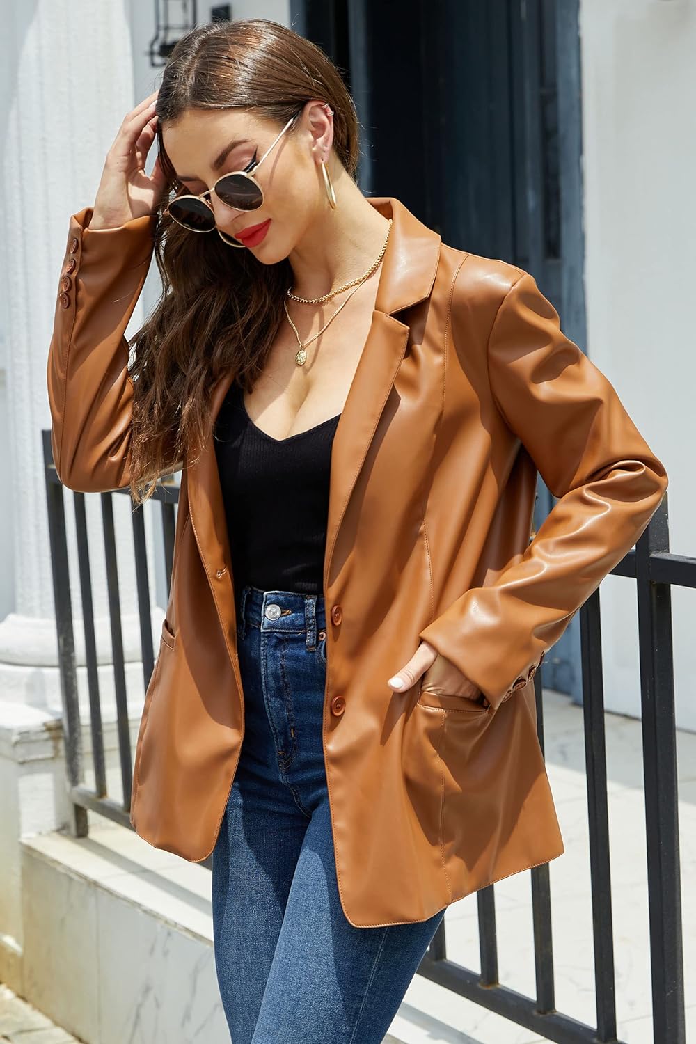 Women's Brown Leather Blazer Jacket Oversized Long Sleeve Coat Motorcycle Vegan Outerwear