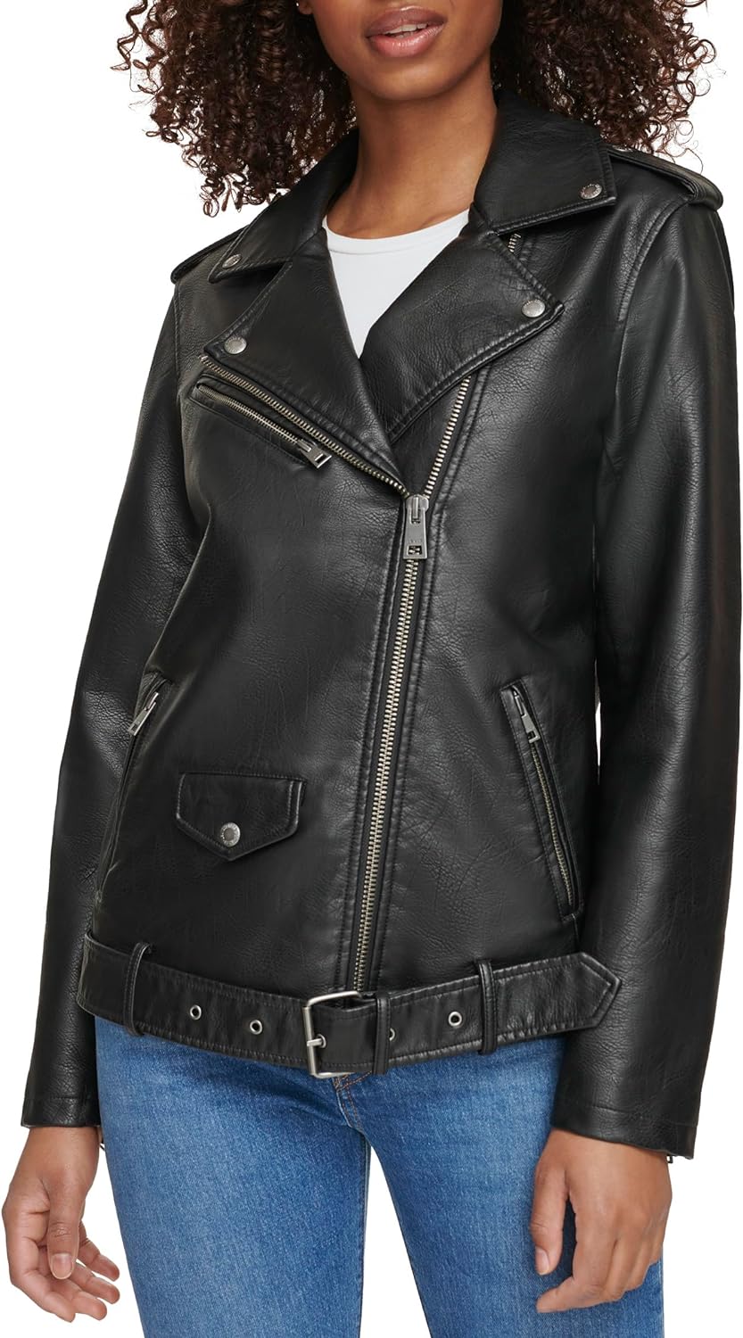 Women's Black Oversized Leather Belted Motorcycle Sprtswear Jacket