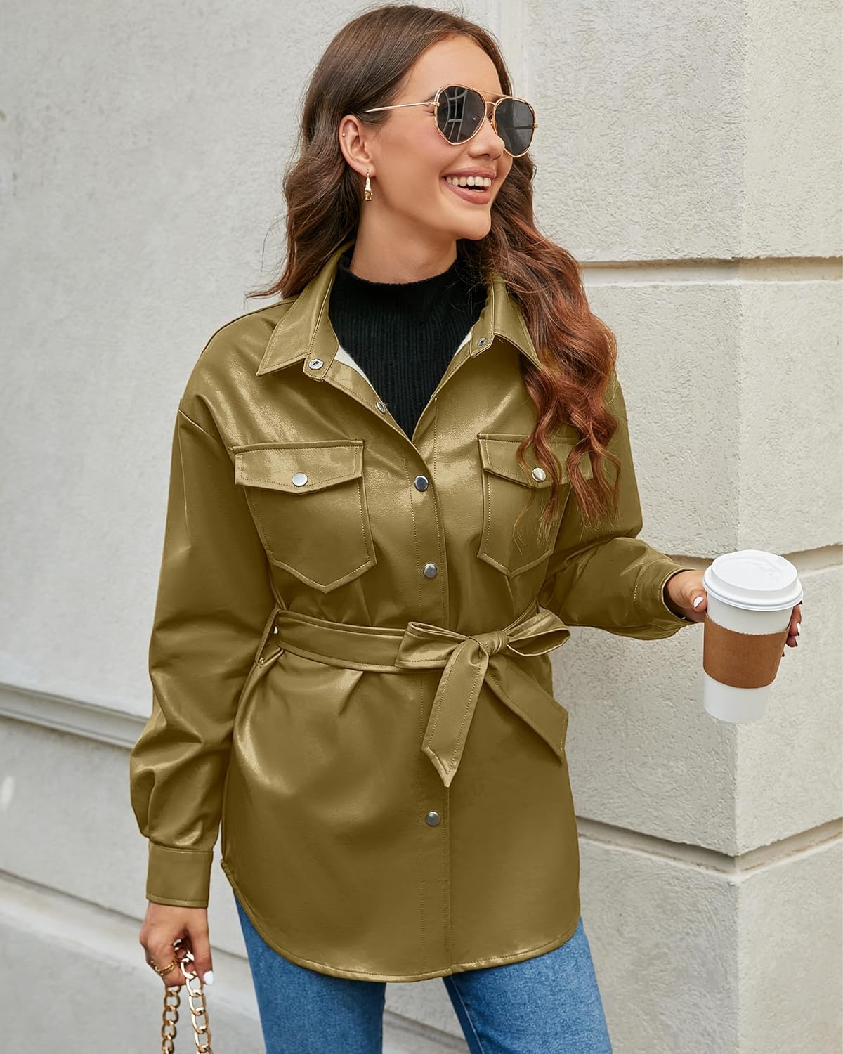 Khaki Leather Jackets for Women Long Sleeve Oversized Shackets with Pocket Belted Leather Jacket Moto Biker Coat