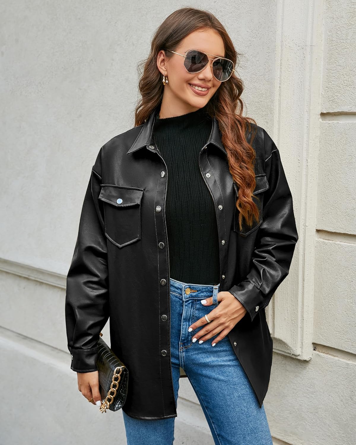 Black Leather Jackets for Women Long Sleeve Oversized Shackets with Pocket Belted Leather Jacket Moto Biker Coat