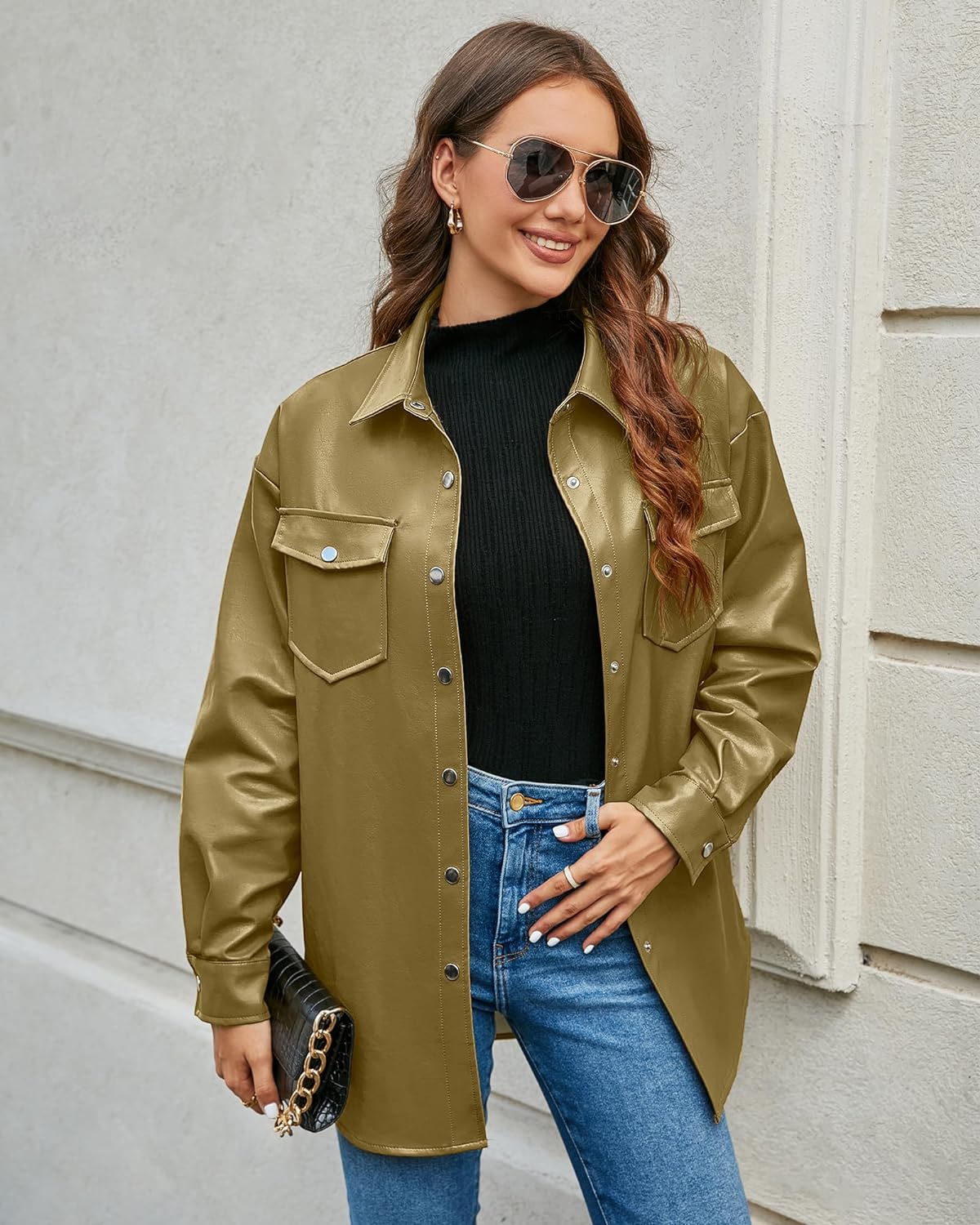 Khaki Leather Jackets for Women Long Sleeve Oversized Shackets with Pocket Belted Leather Jacket Moto Biker Coat