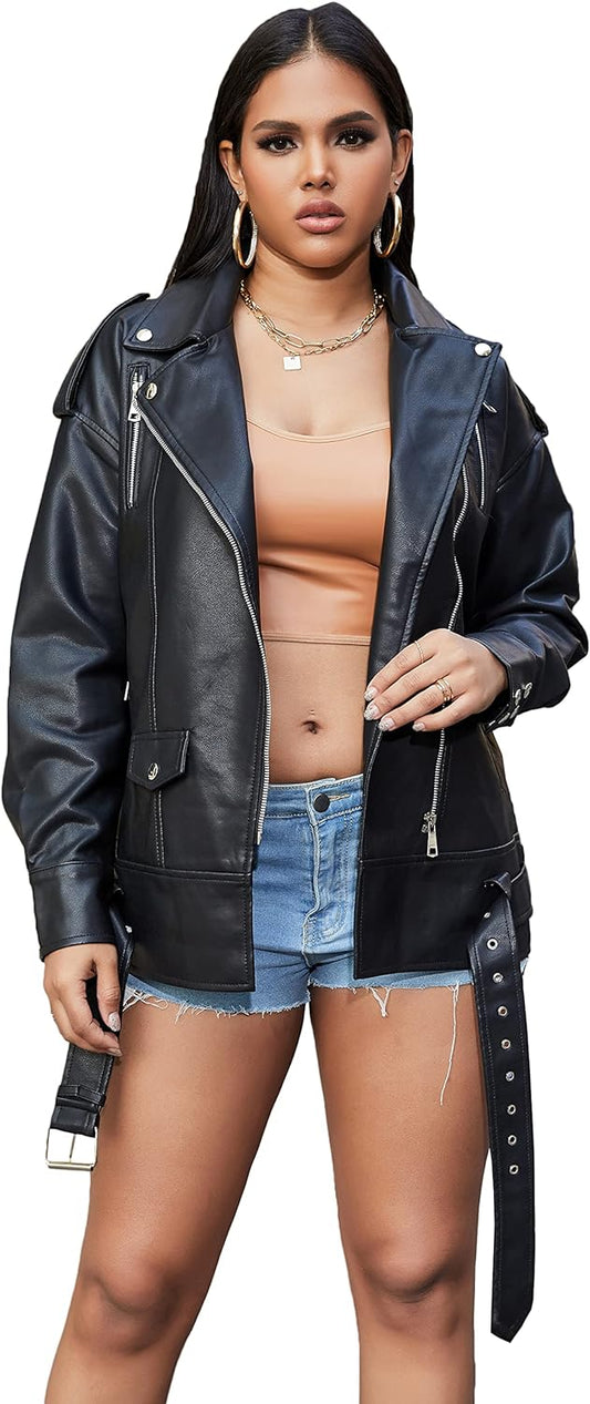 Women's Black Oversized Zipper Casual Coat Stylish Motor Biker Jacket with Belt and Turn-Down Collar