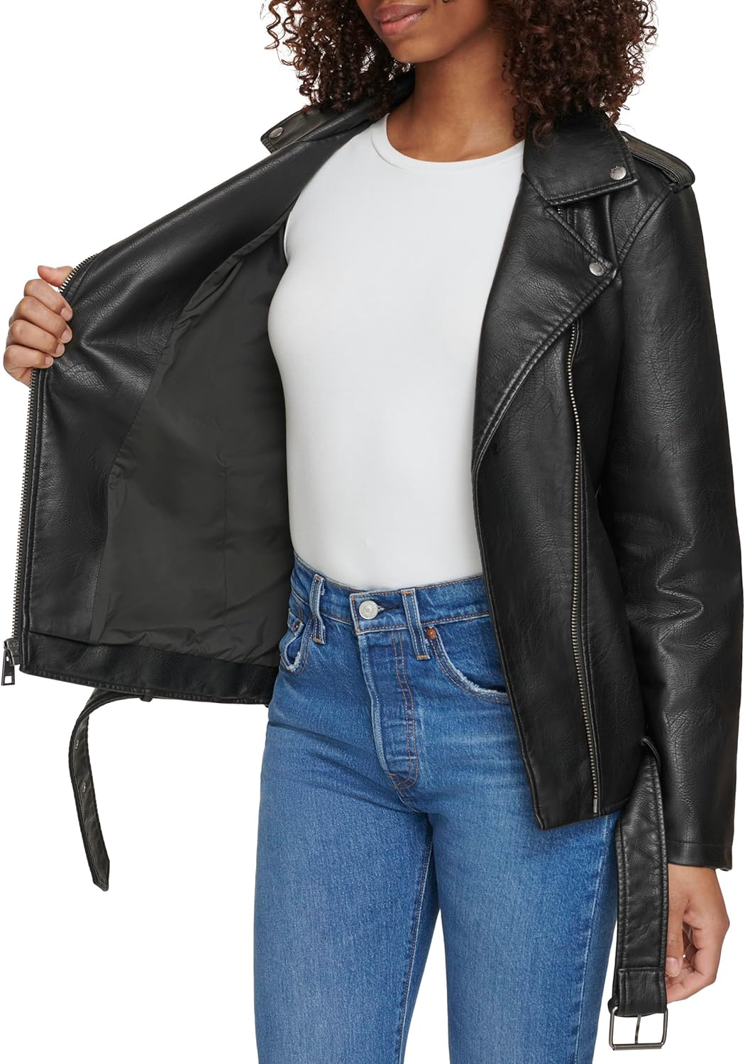 Women's Black Oversized Leather Belted Motorcycle Sprtswear Jacket