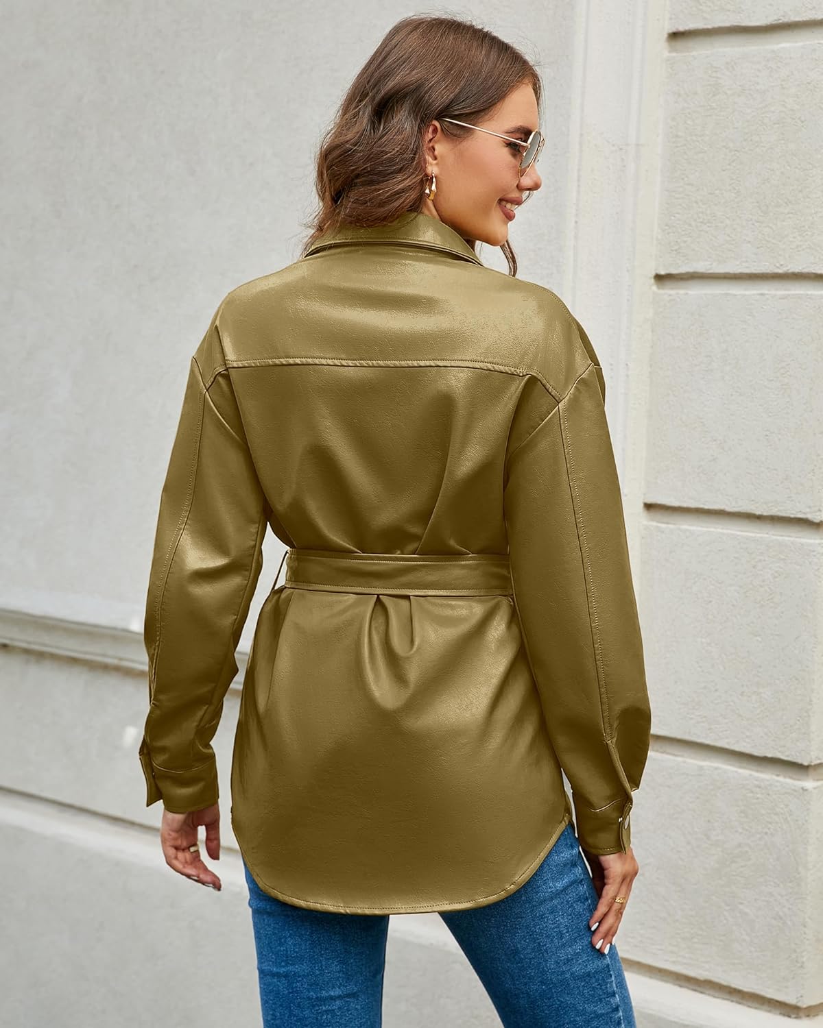 Khaki Leather Jackets for Women Long Sleeve Oversized Shackets with Pocket Belted Leather Jacket Moto Biker Coat