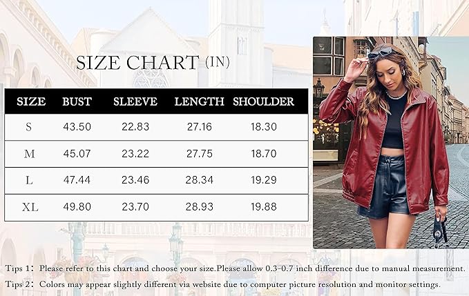 Women's Oversized Leather Jackets Dark Red Casual Zip-Up Trendy Bomber Motorcycle Jacket with Pockets