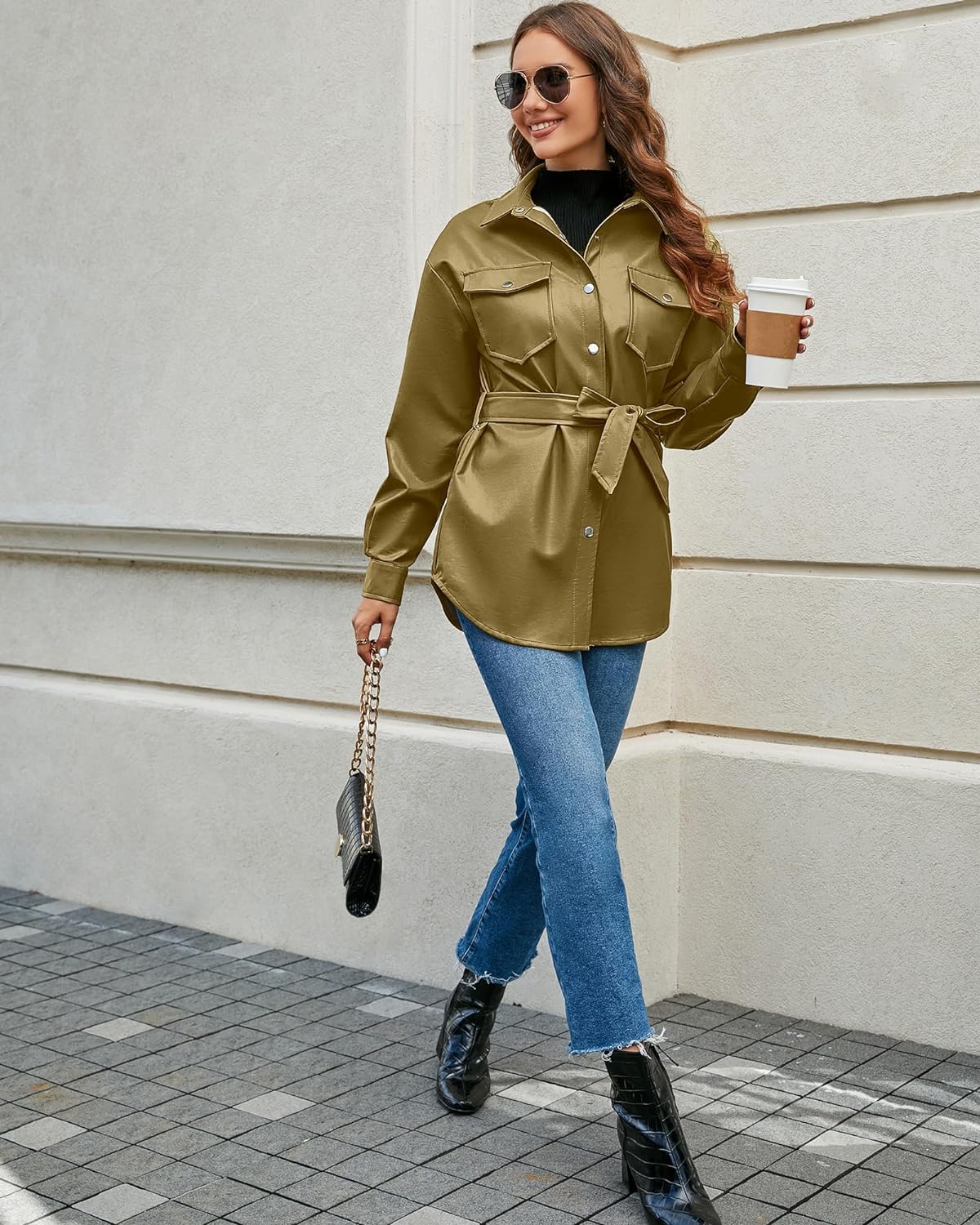 Khaki Leather Jackets for Women Long Sleeve Oversized Shackets with Pocket Belted Leather Jacket Moto Biker Coat