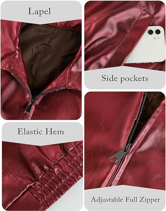 Women's Oversized Leather Jackets Dark Red Casual Zip-Up Trendy Bomber Motorcycle Jacket with Pockets