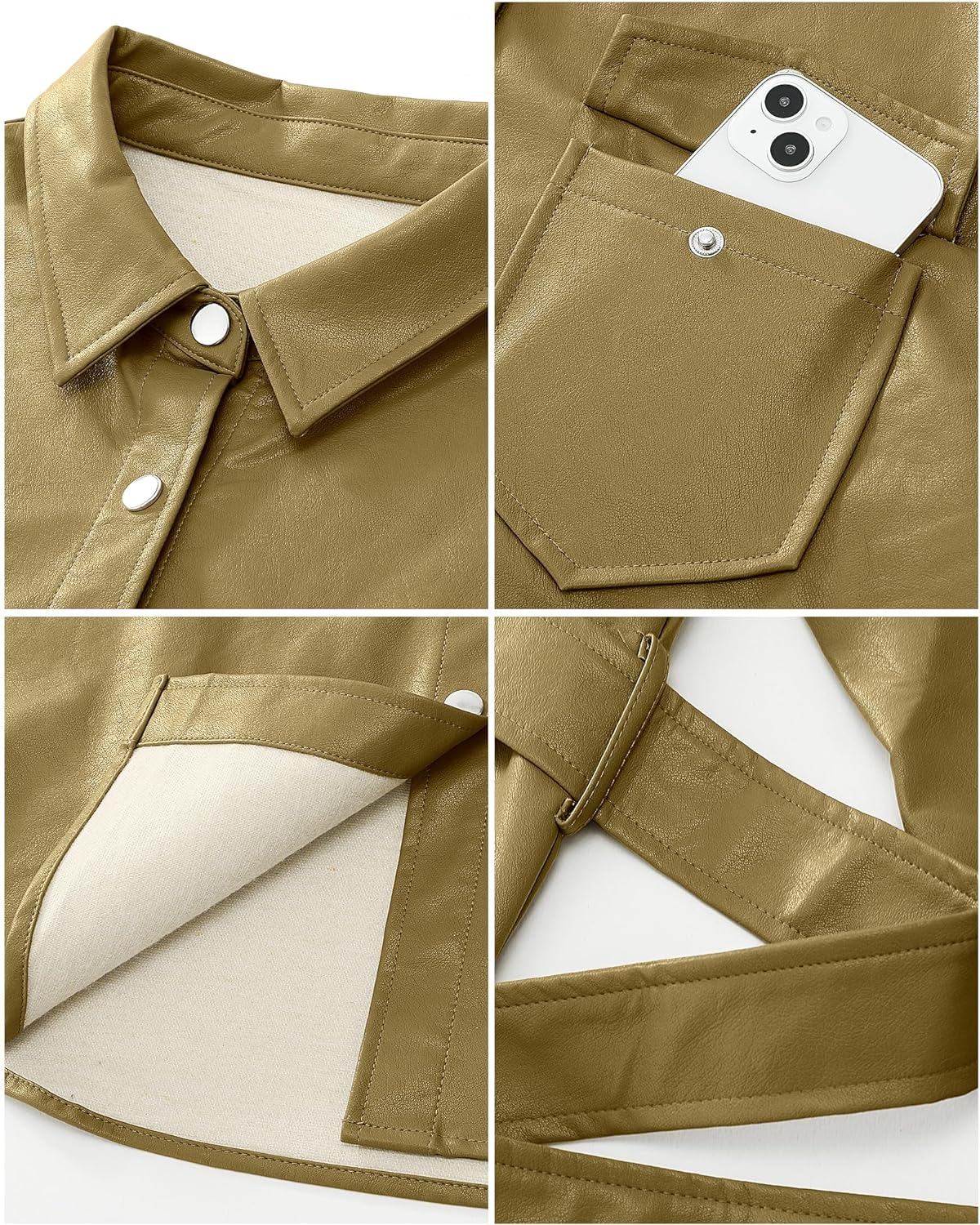 Khaki Leather Jackets for Women Long Sleeve Oversized Shackets with Pocket Belted Leather Jacket Moto Biker Coat