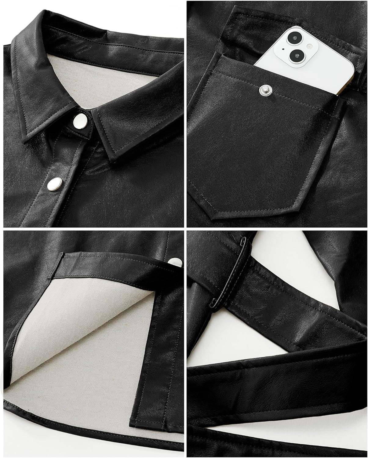 Black Leather Jackets for Women Long Sleeve Oversized Shackets with Pocket Belted Leather Jacket Moto Biker Coat