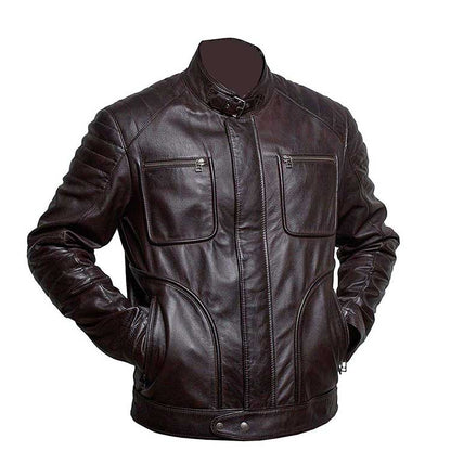 Men’s Brown Biker Belted Collar Cafe Racer Jacket
