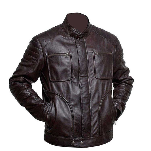 Men’s Brown Biker Belted Collar Cafe Racer Jacket