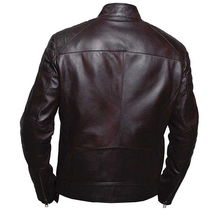 Men’s Brown Biker Belted Collar Cafe Racer Jacket
