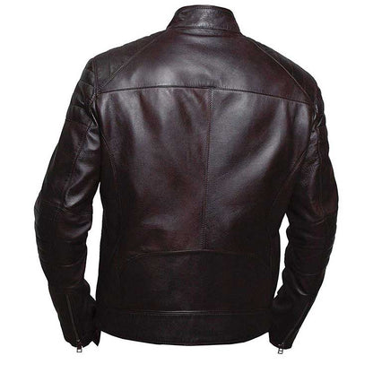 Men’s Brown Biker Belted Collar Cafe Racer Jacket