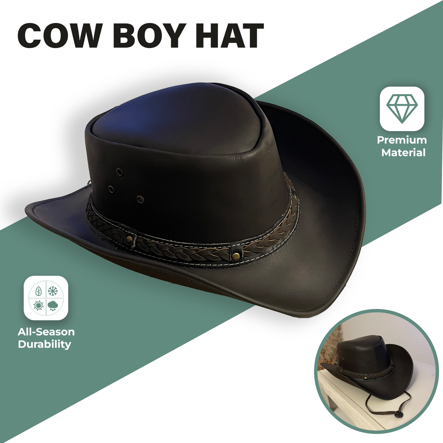 Genuine Leather Cowboy Hat - Dark Brown