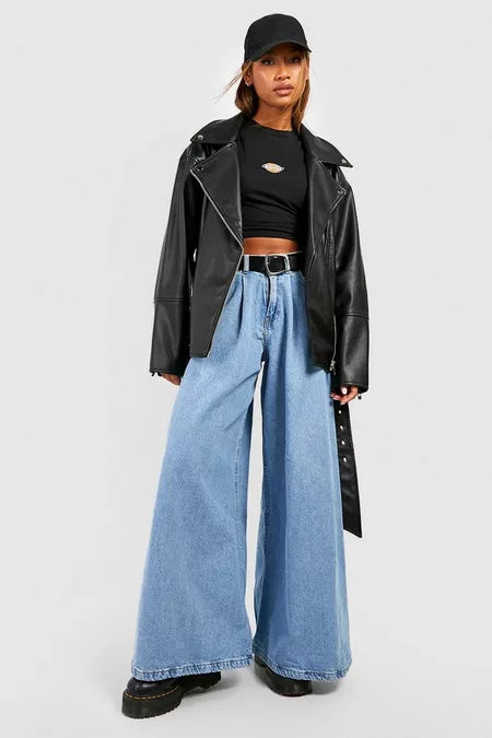 Women Oversized Belted Black Motorcycle Leather Jacket